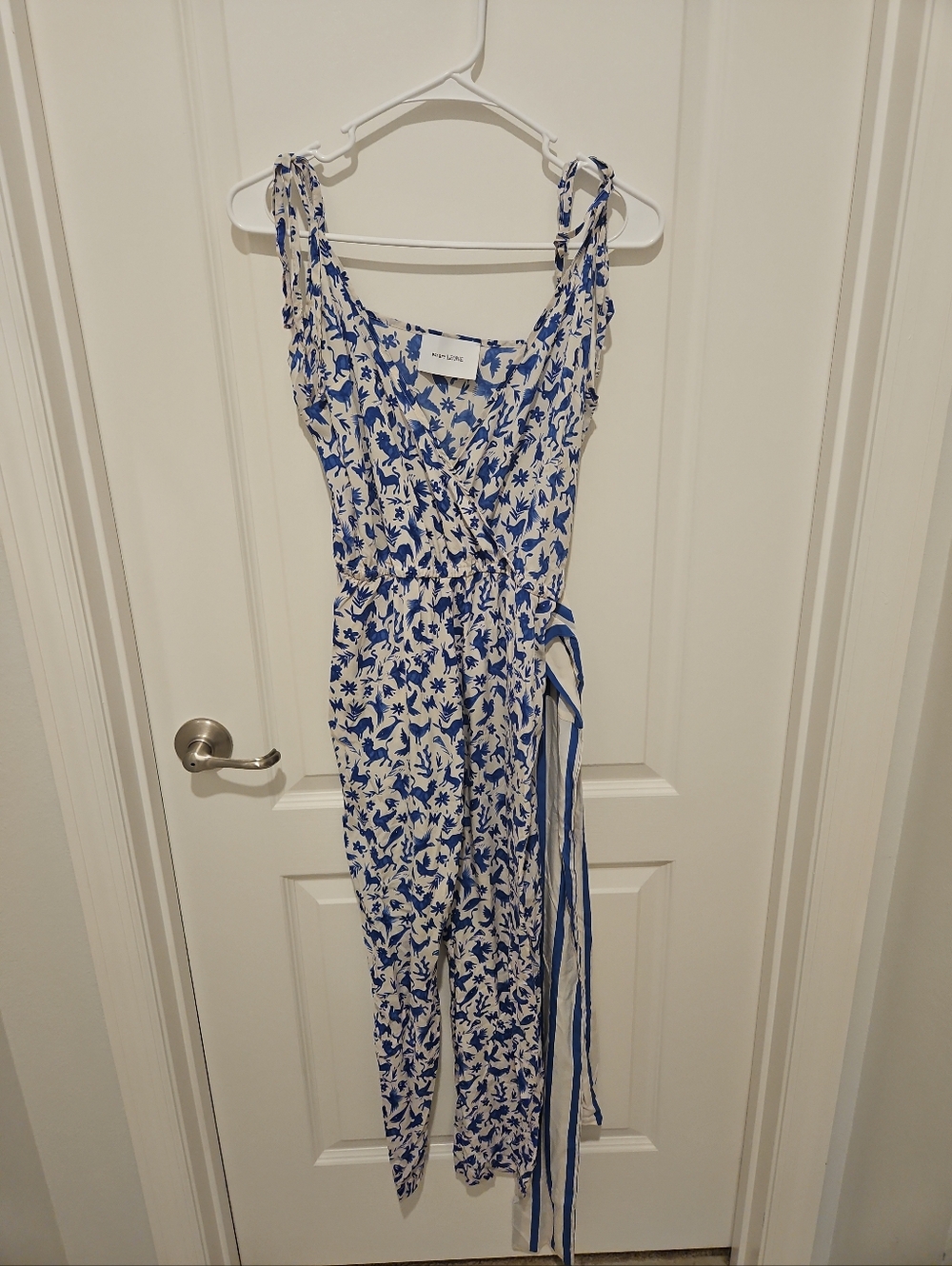 We Are Leone Silk Jumpsuit Blue White Print V Neck Tie Strap Elastic Waist XS/S